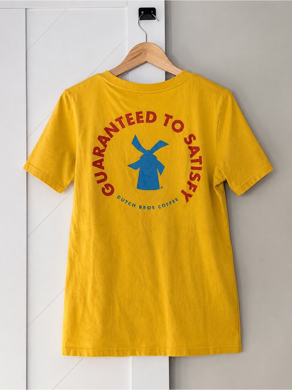 Dutch Bros Coffee Guaranteed to Satisfy Yellow Graphic T-Shirt S/M